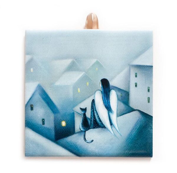 Angel and Cat Overlooking the City Ceramic Tile - Handcrafted Home Decor, Unique Gift for Art Lovers #N-07 product image 1