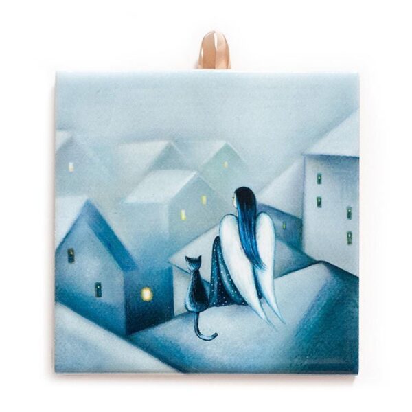 Angel and Cat Overlooking the City Ceramic Tile - Handcrafted Home Decor, Unique Gift for Art Lovers #N-07 product image 1