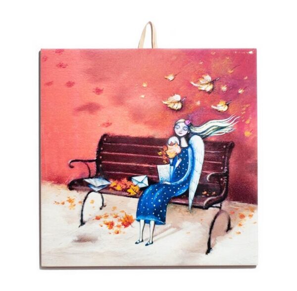 Angel on a Bench Ceramic Tile - Handcrafted Autumn Home Decor, Unique Gift for Special Occasions #N-31 product image 1