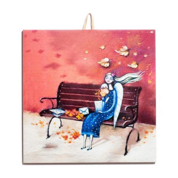 Angel on a Bench Ceramic Tile - Handcrafted Autumn Home Decor, Unique Gift for Special Occasions #N-31 product image 1