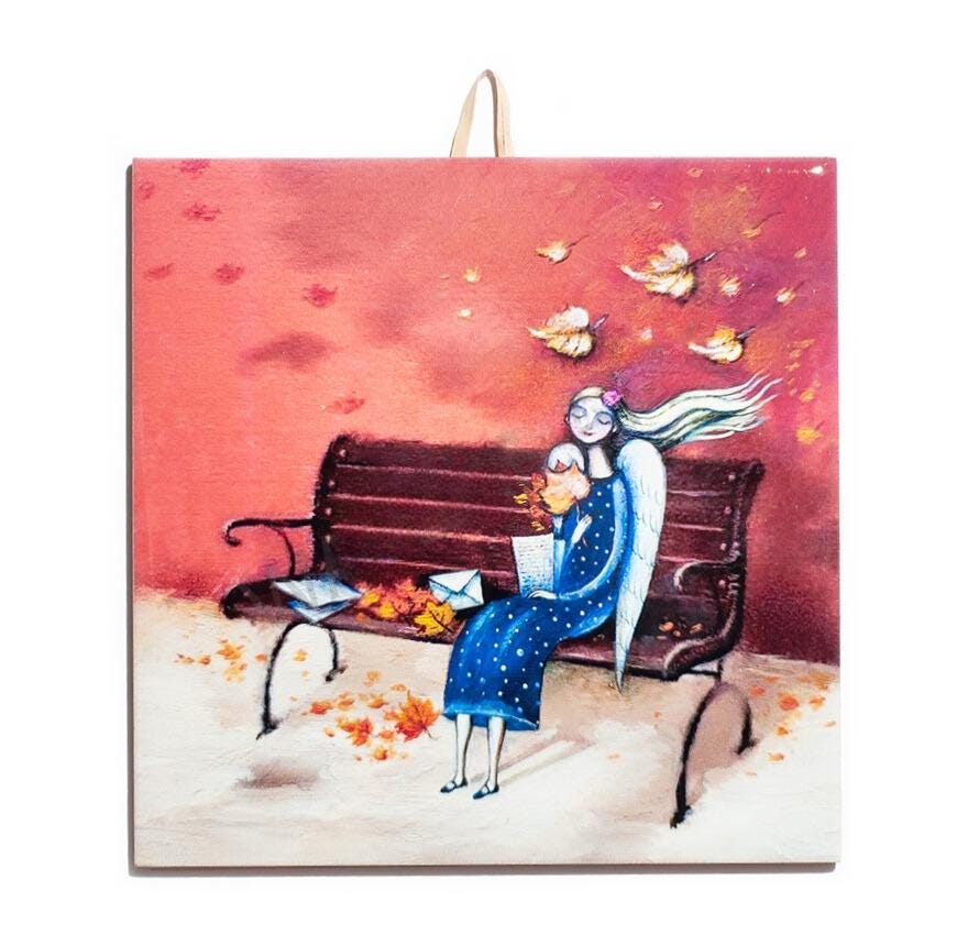 Angel on a Bench Ceramic Tile - Handcrafted Autumn Home Decor, Unique Gift for Special Occasions #N-31 product image 1