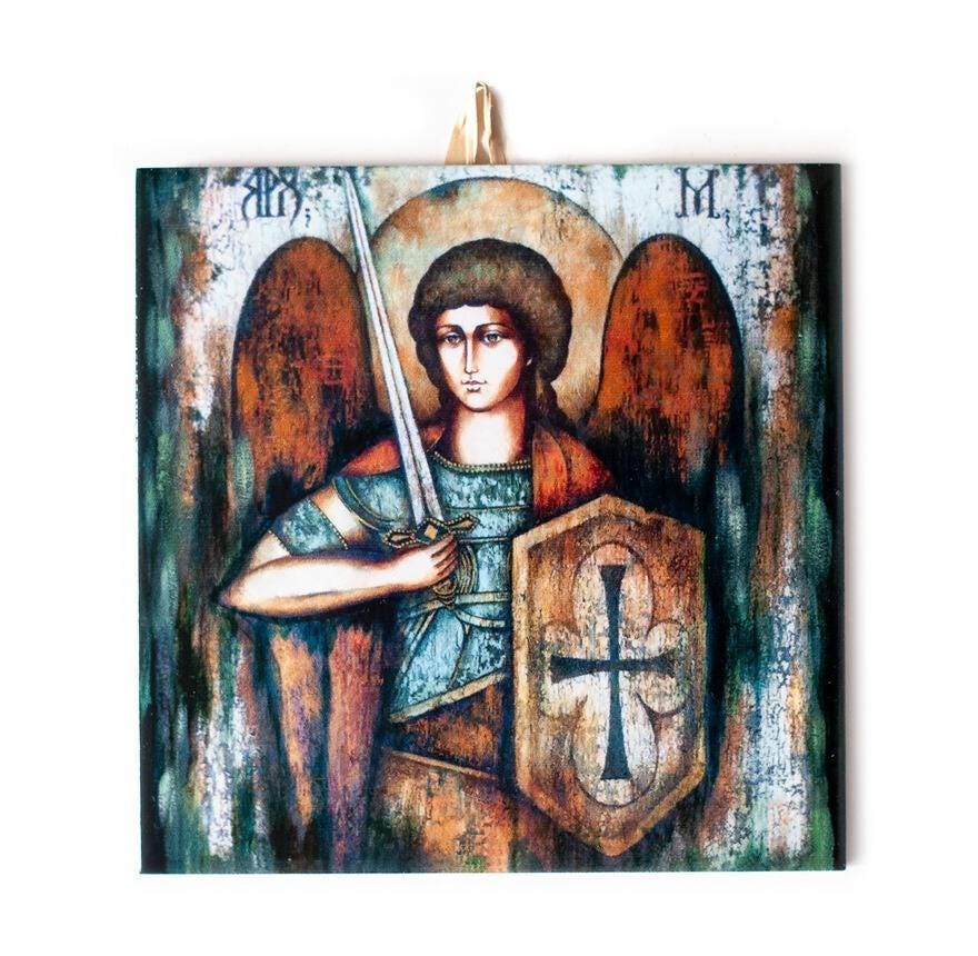 Archangel Michael Ceramic Tile Icon - Defender of Faith Religious Decor 6"x6" #I-20 product image 1