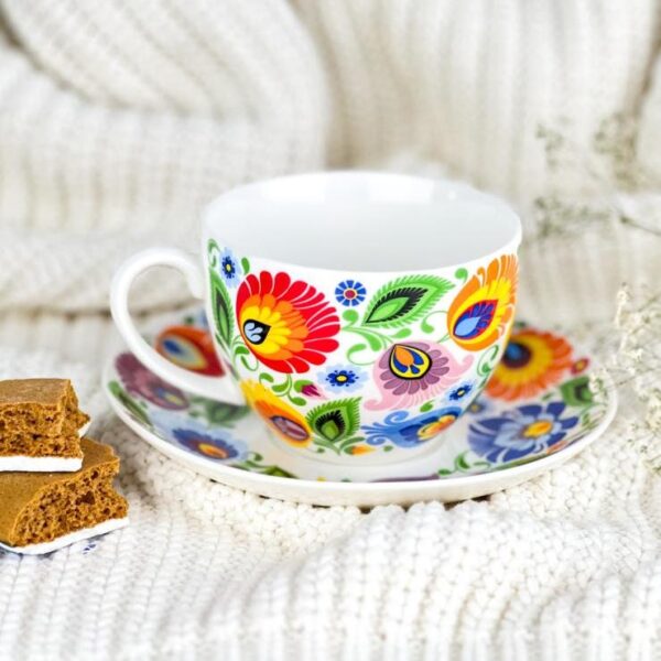 Folk Art Teacup and Saucer Set White Lowicka Style (220 mL) product image 1