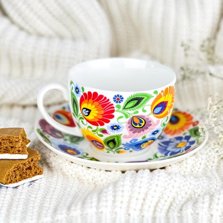 Folk Art Teacup and Saucer Set White Lowicka Style (220 mL) product image 1