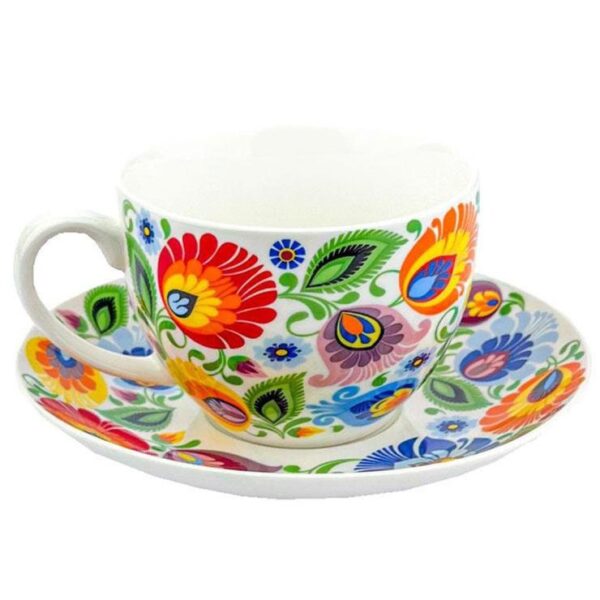 Folk Art Teacup and Saucer Set White Lowicka Style (220 mL) product image 3