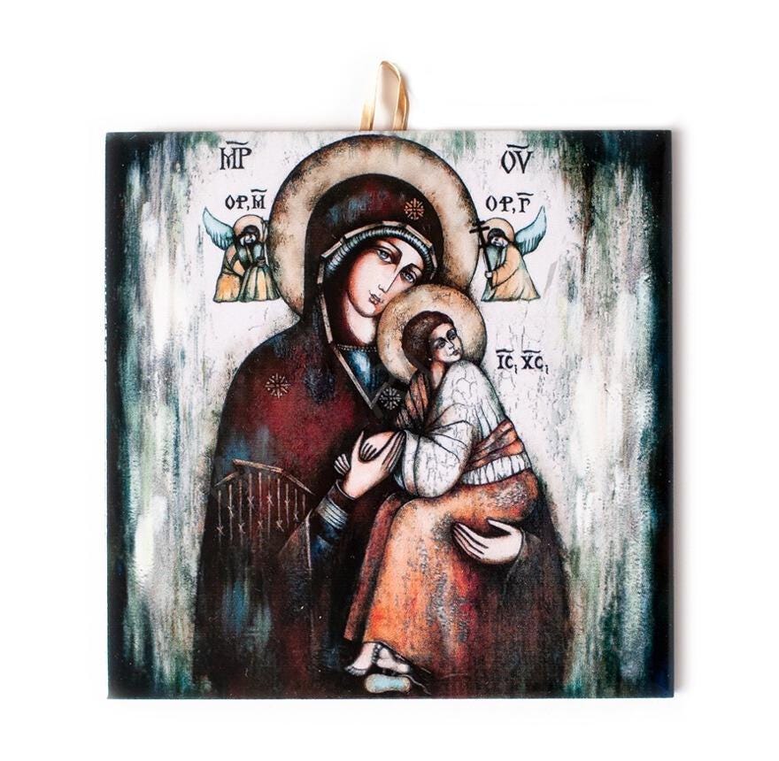 Holy Mother and Child with Angels Ceramic Tile Icon - Religious Gift and Decor 6"x6" #I-17 product image 1