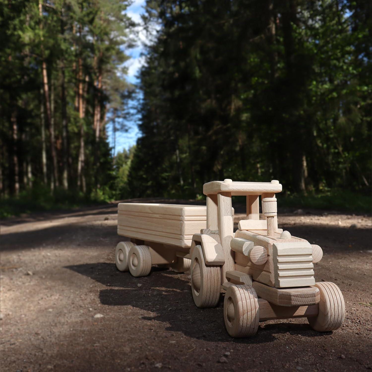 Large Wood Tractor with Trailer 22.65 in., Farm Toys for Toddlers, Unfinished Wood Toy for Paint, Preschool Educational Games No.59 | Vesplo product image 2