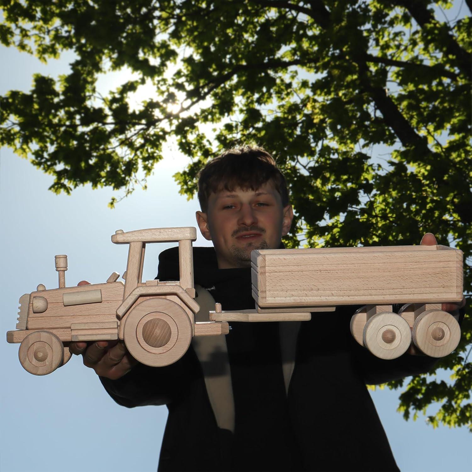 Large Wood Tractor with Trailer 22.65 in., Farm Toys for Toddlers, Unfinished Wood Toy for Paint, Preschool Educational Games No.59 | Vesplo product image 3