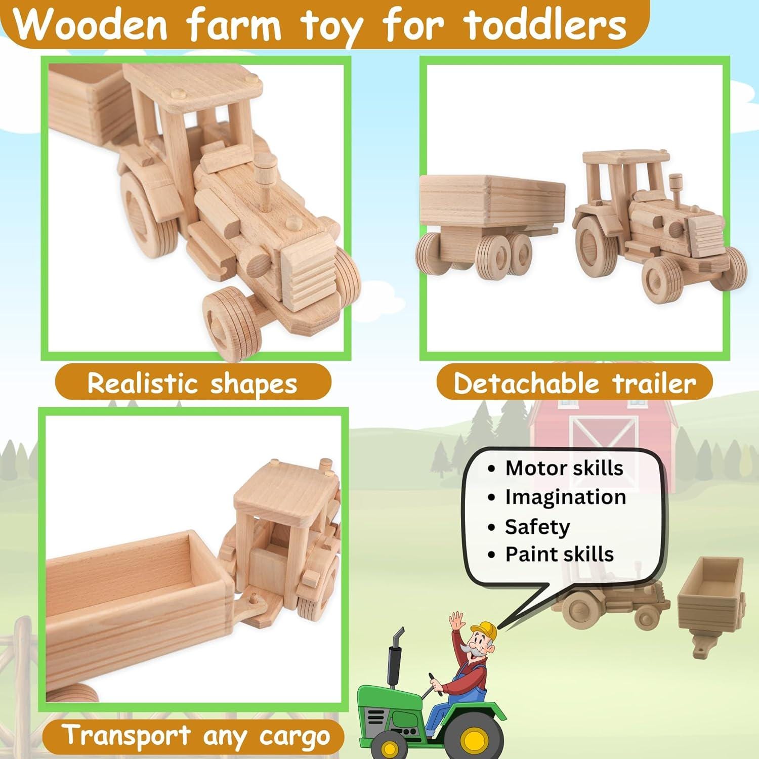 Large Wood Tractor with Trailer 22.65 in., Farm Toys for Toddlers, Unfinished Wood Toy for Paint, Preschool Educational Games No.59 | Vesplo product image 5