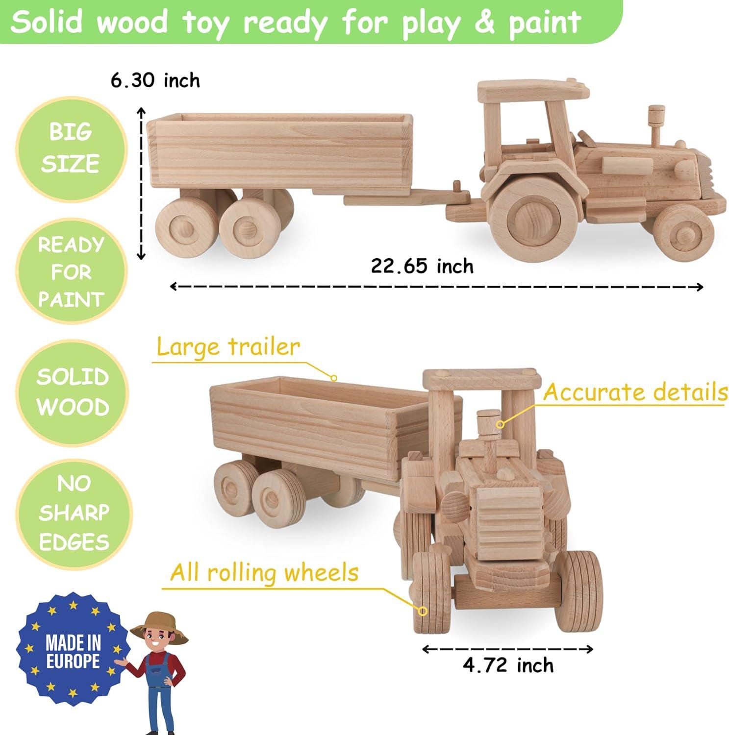 Large Wood Tractor with Trailer 22.65 in., Farm Toys for Toddlers, Unfinished Wood Toy for Paint, Preschool Educational Games No.59 | Vesplo product image 7