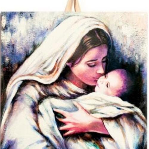 Mary Holding Baby Jesus - Tender Mother and Child Religious Art Icon 6"x6" # I-25 product image 1