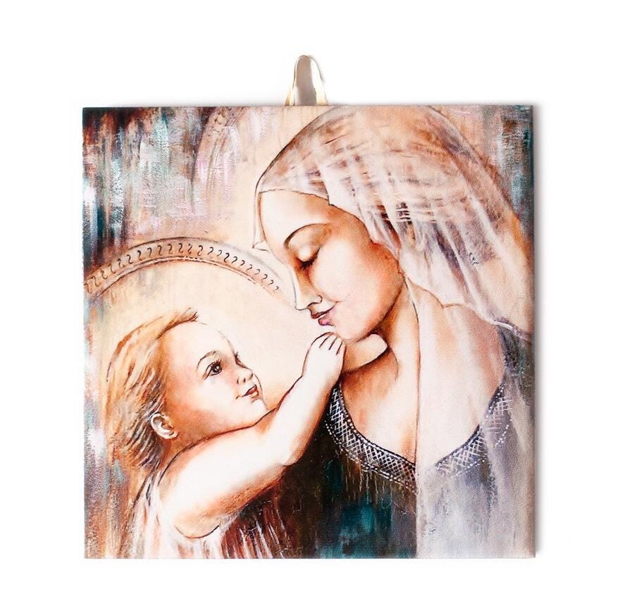 Mother Mary and Baby Jesus Tender Portrait - Sacred Religious Art Icon 6"x6" #I-03 product image 1