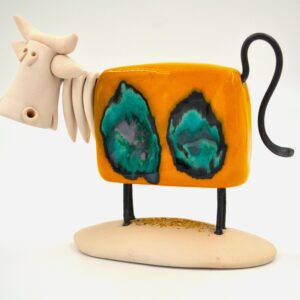 Orange Cow Figurine with Bold Teal Spots – Handcrafted Ceramic, Perfect Gift for Unique Décor or Art Collectors product image 1