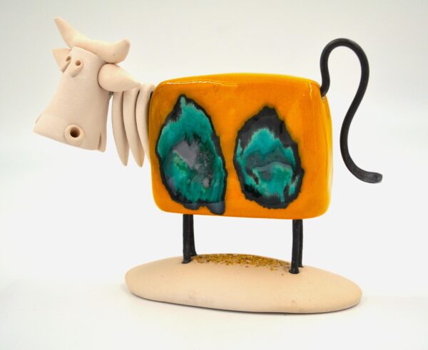 Orange Cow Figurine with Bold Teal Spots – Handcrafted Ceramic, Perfect Gift for Unique Décor or Art Collectors product image 1