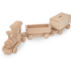 Vesplo Wooden Train Set with Piggy Bank, Wooden Train Playset 21 inch, Ready for Paint, 2 Detachable Wagons product image 1