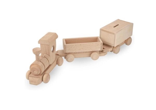 Vesplo Wooden Train Set with Piggy Bank, Wooden Train Playset 21 inch, Ready for Paint, 2 Detachable Wagons product image 1