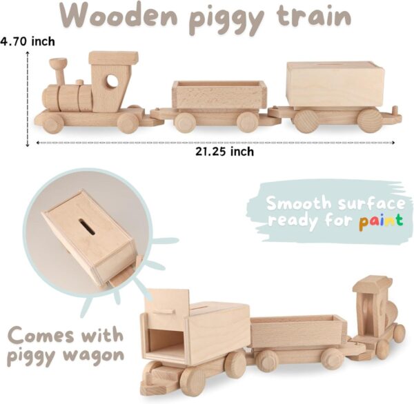 Vesplo Wooden Train Set with Piggy Bank, Wooden Train Playset 21 inch, Ready for Paint, 2 Detachable Wagons product image 2
