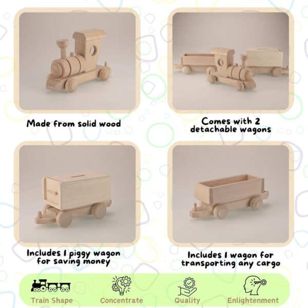 Vesplo Wooden Train Set with Piggy Bank, Wooden Train Playset 21 inch, Ready for Paint, 2 Detachable Wagons product image 3