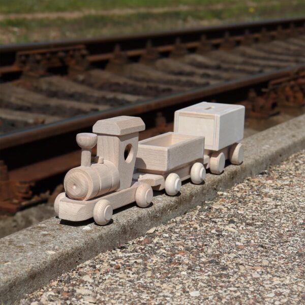 Vesplo Wooden Train Set with Piggy Bank, Wooden Train Playset 21 inch, Ready for Paint, 2 Detachable Wagons product image 5