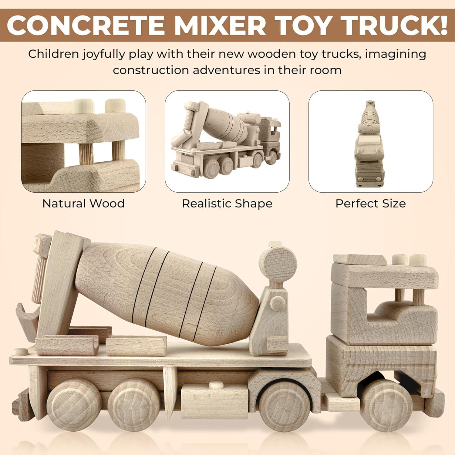 Wooden Cement Truck, Realistic Cement Mixer 11.8", Unfinished Wooden Cars, Wooden Toys for Paint, Wooden Toys Handmade in EU No. 64 |Vesplo product image 3