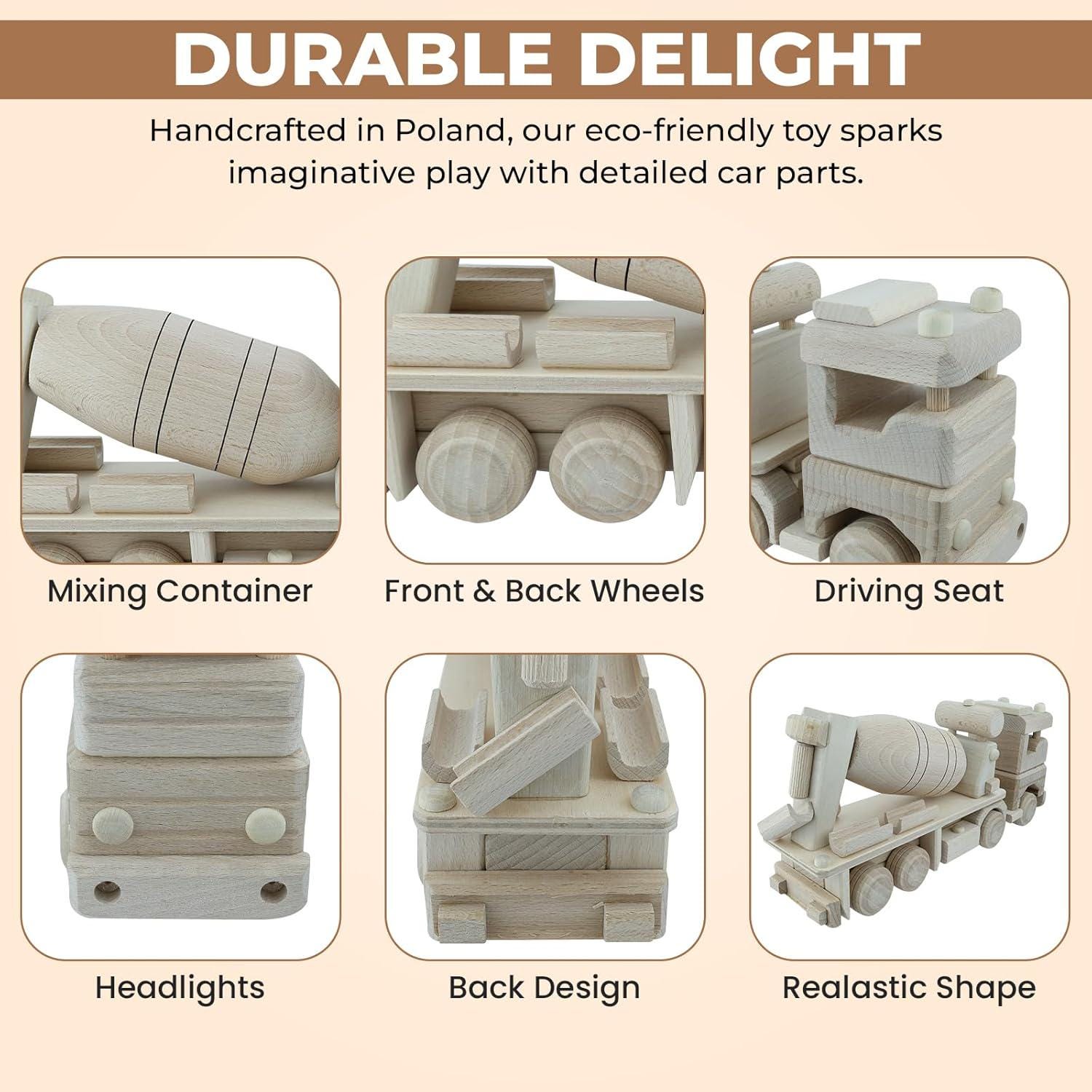 Wooden Cement Truck, Realistic Cement Mixer 11.8", Unfinished Wooden Cars, Wooden Toys for Paint, Wooden Toys Handmade in EU No. 64 |Vesplo product image 4