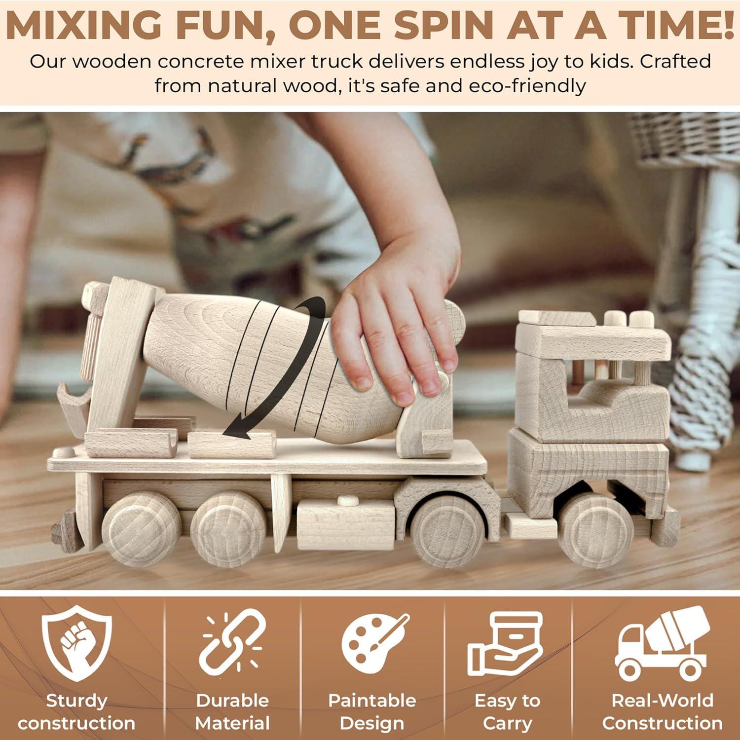 Wooden Cement Truck, Realistic Cement Mixer 11.8", Unfinished Wooden Cars, Wooden Toys for Paint, Wooden Toys Handmade in EU No. 64 |Vesplo product image 5