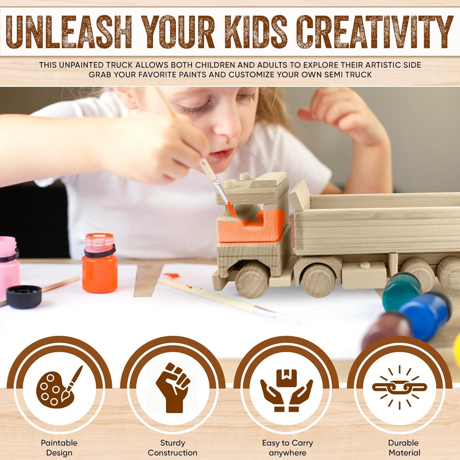 Wooden Dump Truck, Sturdy Solid Wood Toy, Unpainted, Ages 3+ Paint Wooden Cars, Logging Truck, Wooden Toys Handmade in EU No. 60 |Vesplo product image 2