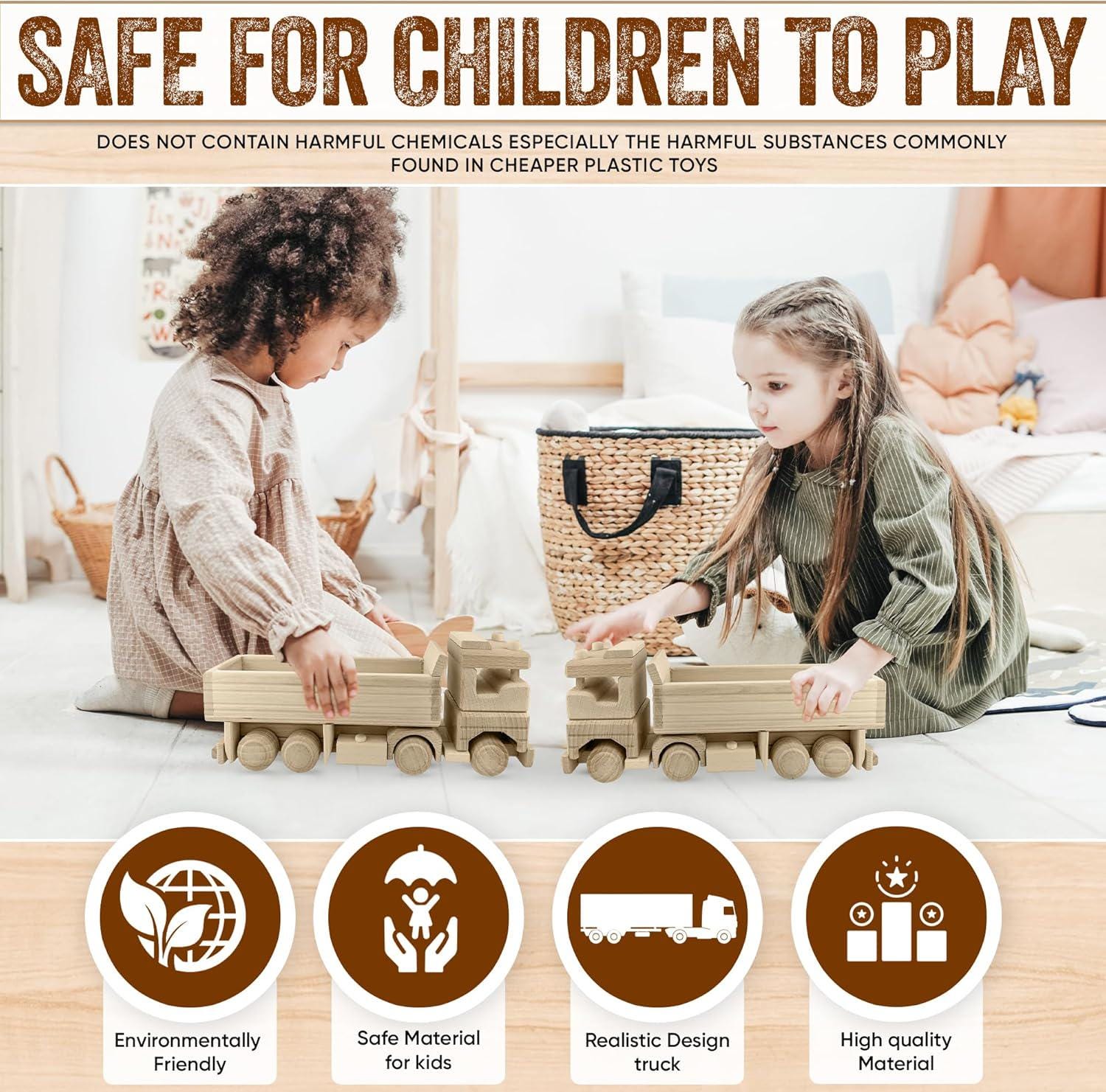 Wooden Dump Truck, Sturdy Solid Wood Toy, Unpainted, Ages 3+ Paint Wooden Cars, Logging Truck, Wooden Toys Handmade in EU No. 60 |Vesplo product image 3