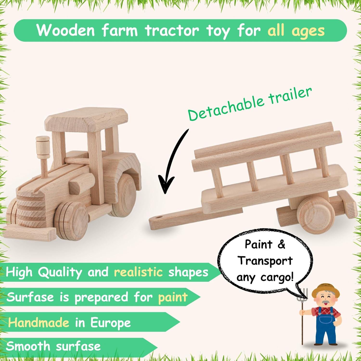 Wooden Tractor with Trailer, Farm Toys for Toddlers, Unfinished Wood Toy for Paint, Preschool Educational Games, Handmade in EU No.8 |Vesplo product image 3