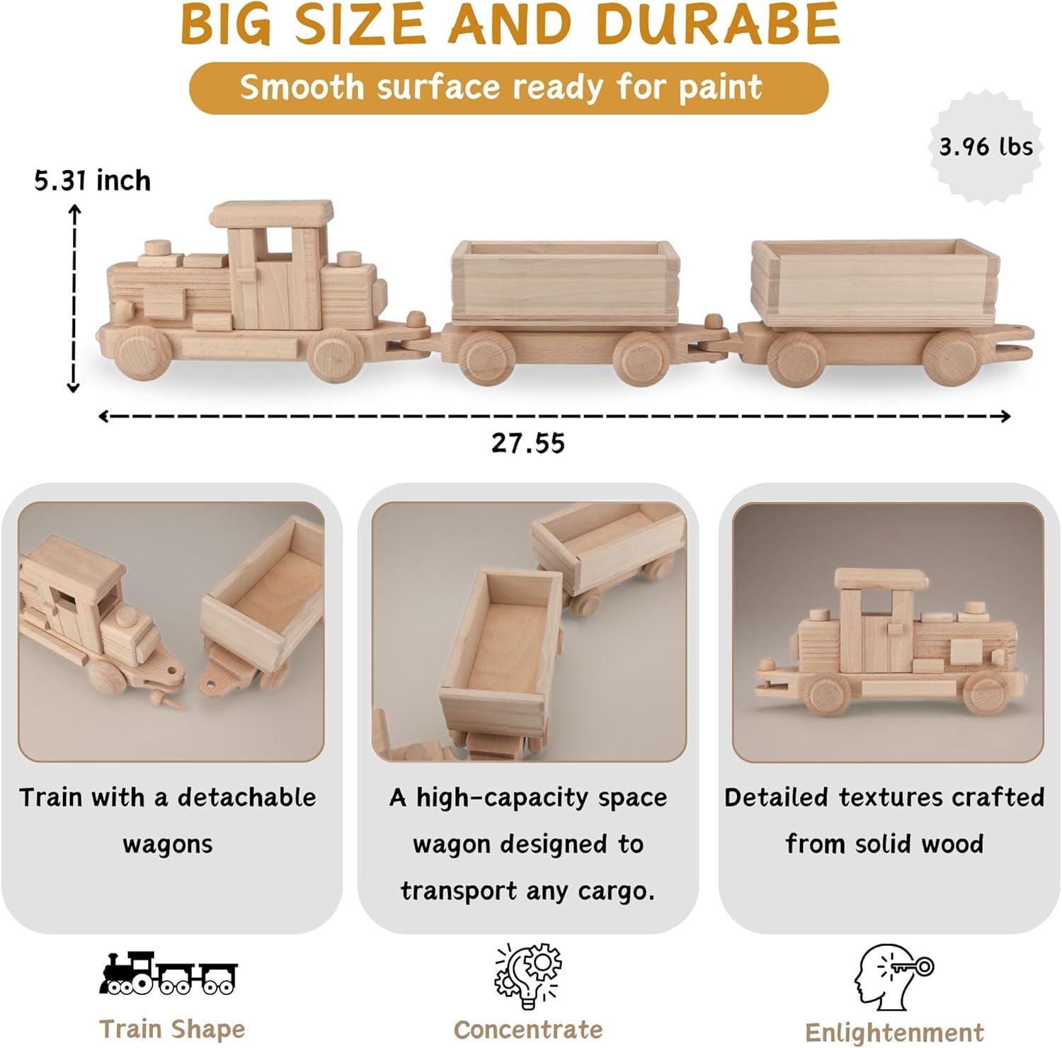 Wooden Train Set, Big Size Wooden Train 27.55 inch, Ready for Paint, 2 Detachable Wagons, Classic Wooden Cars & Trucks No. 62 | Vesplo product image 2
