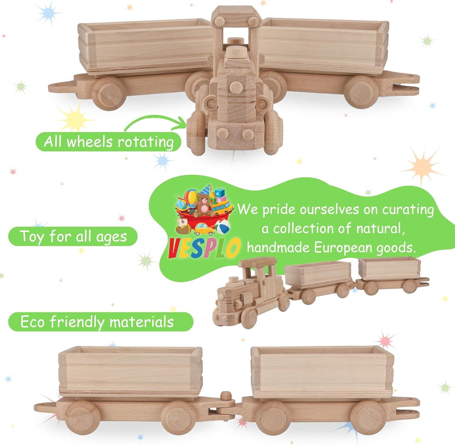 Wooden Train Set, Big Size Wooden Train 27.55 inch, Ready for Paint, 2 Detachable Wagons, Classic Wooden Cars & Trucks No. 62 | Vesplo product image 3