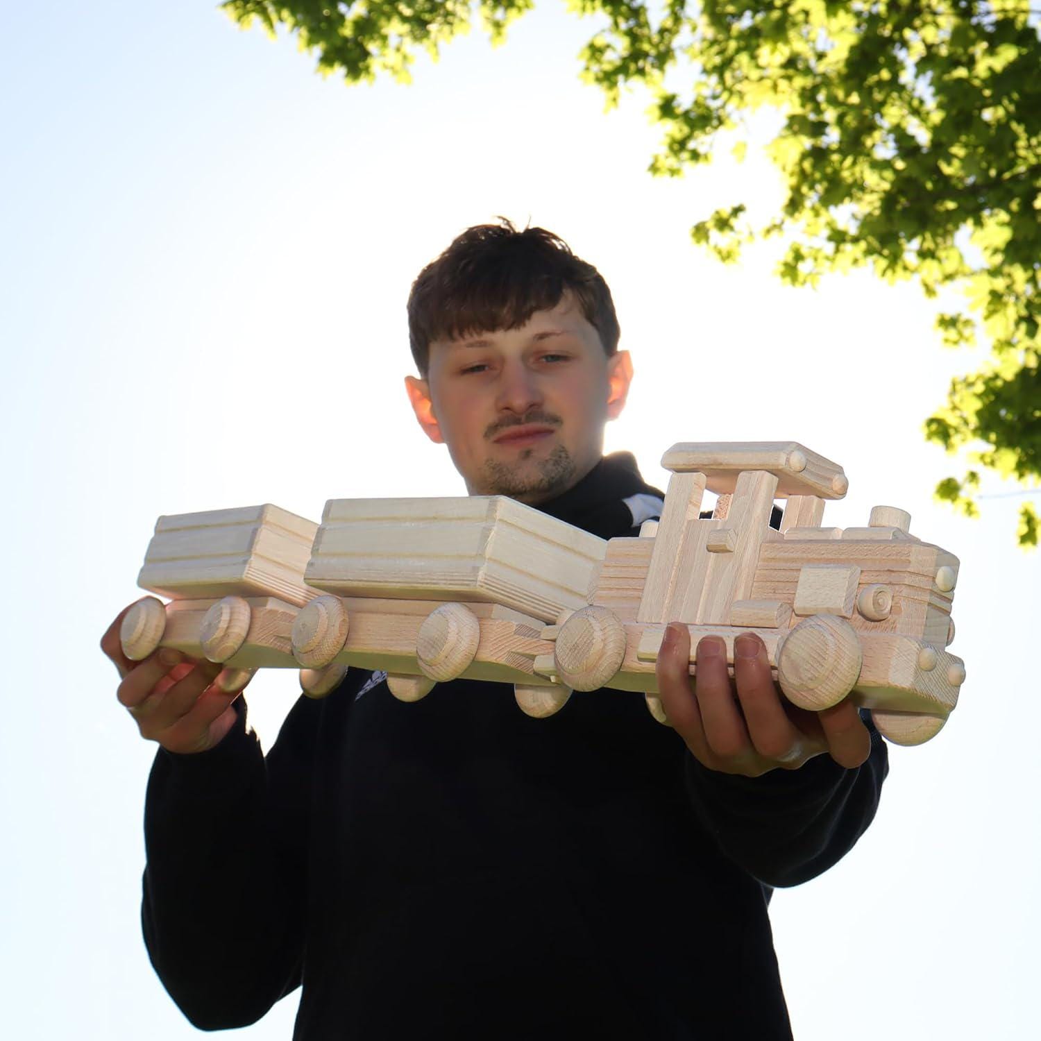 Wooden Train Set, Big Size Wooden Train 27.55 inch, Ready for Paint, 2 Detachable Wagons, Classic Wooden Cars & Trucks No. 62 | Vesplo product image 4