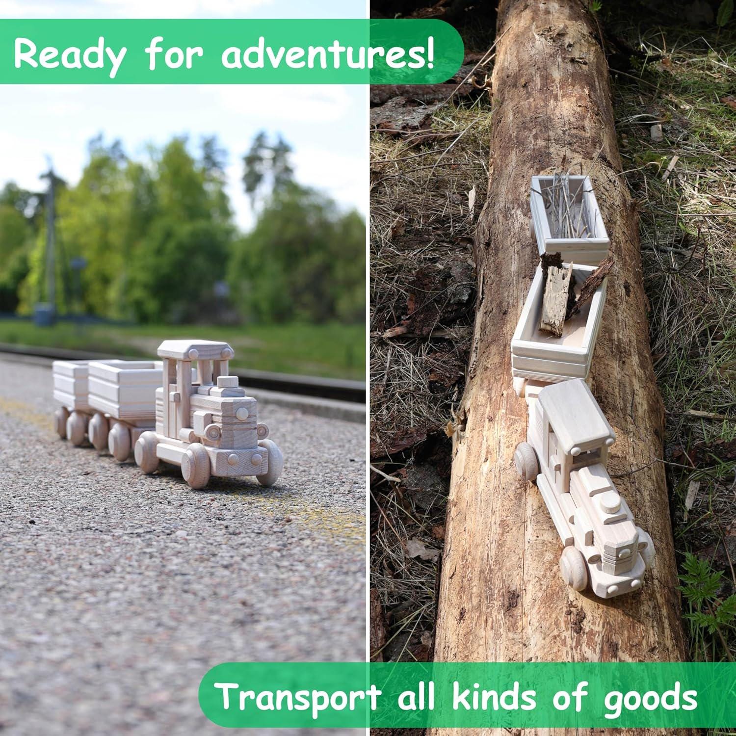 Wooden Train Set, Big Size Wooden Train 27.55 inch, Ready for Paint, 2 Detachable Wagons, Classic Wooden Cars & Trucks No. 62 | Vesplo product image 7