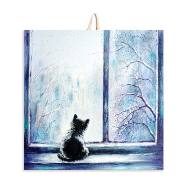 Ceramic tile painting of a cat sitting on a windowsill, gazing at a snowy winter landscape, with cork backing for safe hanging.