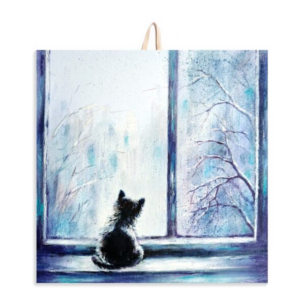 Ceramic tile painting of a cat sitting on a windowsill, gazing at a snowy winter landscape, with cork backing for safe hanging.