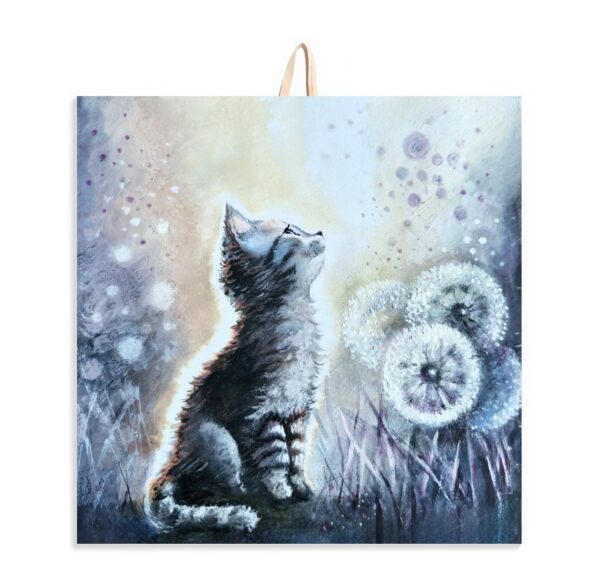 Ceramic tile painting of a kitten sitting in grass near dandelions, looking upward, with cork backing for safe wall hanging.
