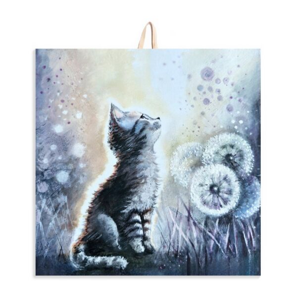 Ceramic tile painting of a kitten sitting in grass near dandelions, looking upward, with cork backing for safe wall hanging.