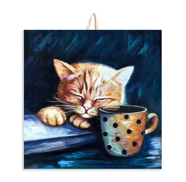 Ceramic tile painting of a ginger cat sleeping beside a polka-dot mug, with cork backing for safe wall hanging.