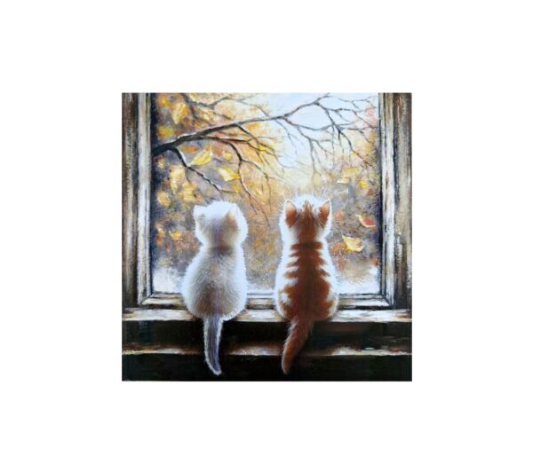Magnet with two kittens sitting on a windowsill, looking out at falling autumn leaves.