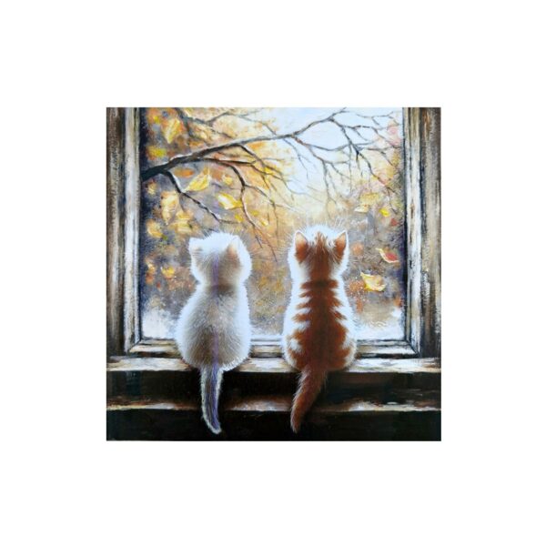Magnet with two kittens sitting on a windowsill, looking out at falling autumn leaves.