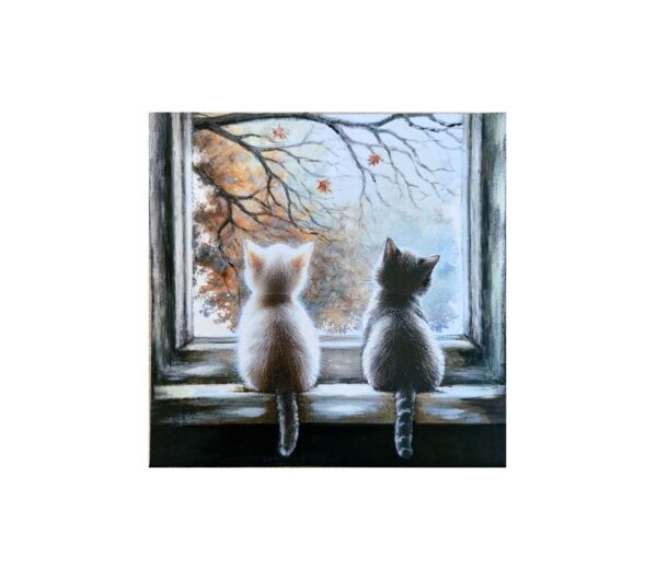 Magnet showing two kittens sitting on a windowsill, looking out at autumn trees with falling leaves.