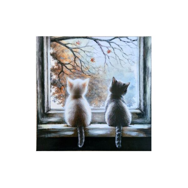 Magnet showing two kittens sitting on a windowsill, looking out at autumn trees with falling leaves.