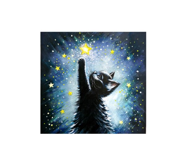 Magnet of a black kitten reaching up toward a glowing yellow star in a night sky full of stars.