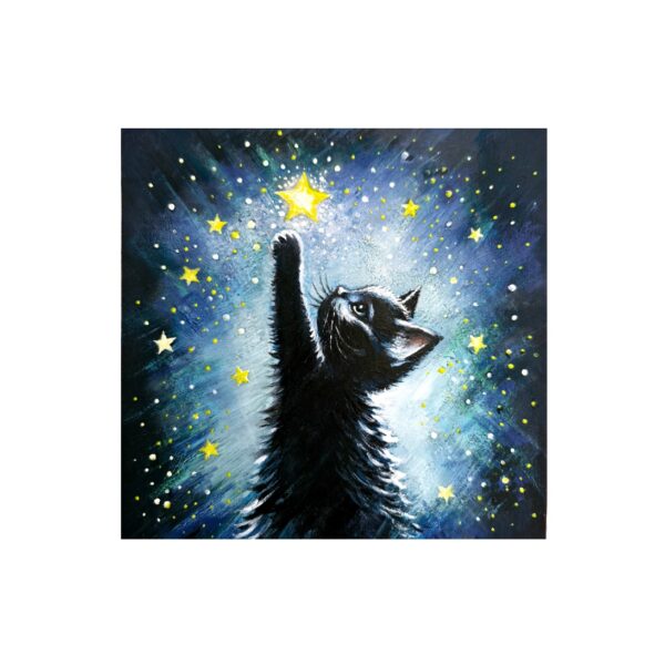 Magnet of a black kitten reaching up toward a glowing yellow star in a night sky full of stars.