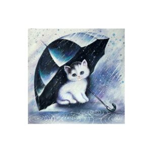 Magnet of a white kitten sitting under a black umbrella in the rain with puddles and raindrops around.