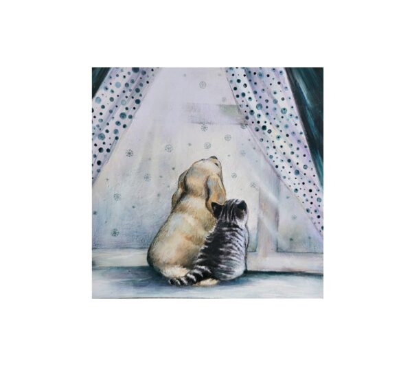 Magnet showing a dog and a cat sitting together by a window, watching snowflakes fall outside.