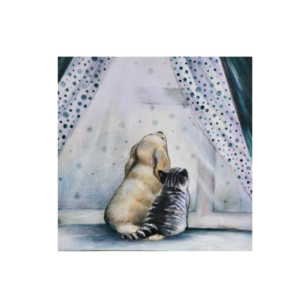 Magnet showing a dog and a cat sitting together by a window, watching snowflakes fall outside.