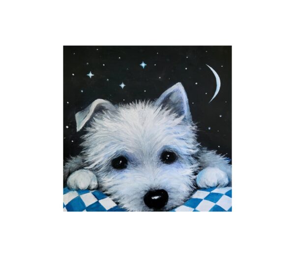 Magnet of a fluffy white dog resting its head on a blanket, with stars and a crescent moon in the night sky.