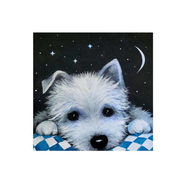 Magnet of a fluffy white dog resting its head on a blanket, with stars and a crescent moon in the night sky.
