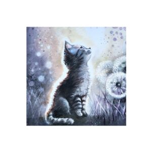Magnet showing a kitten sitting in a field, looking up at dandelion seeds drifting through soft, glowing light.